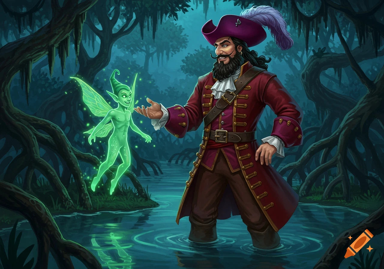 A bearded pirate in a red coat stands in a swamp, gesturing toward a glowing green pixie floating above the water.