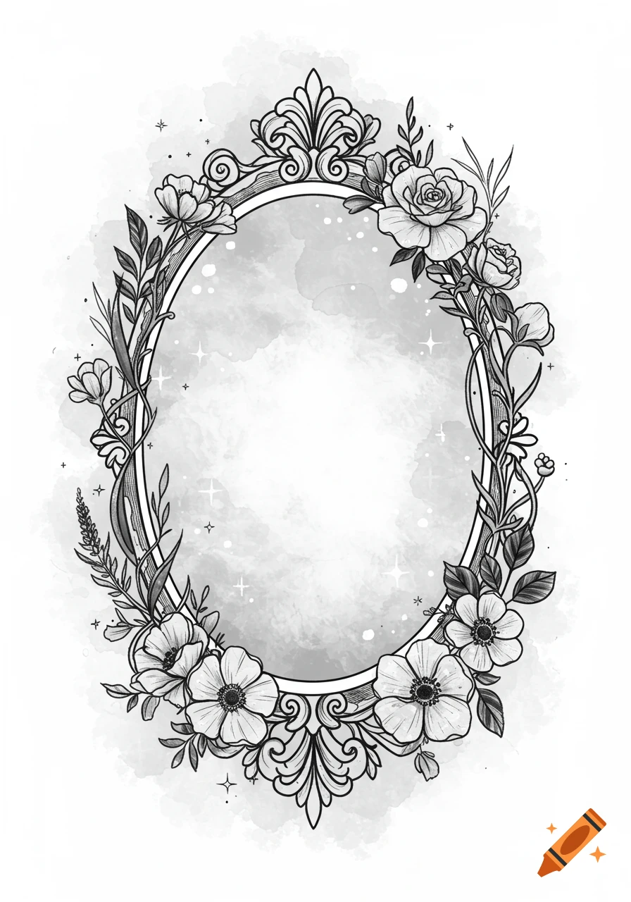 Black and white line art illustration of an ornate oval frame with gothic and bohemian floral detailing, featuring roses, wildflowers, and swirling vines against a watercolor background.