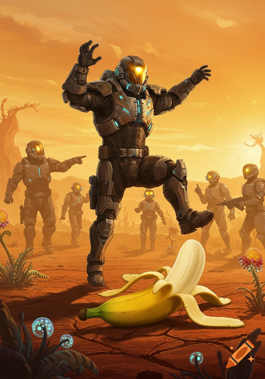 A cartoon sci-fi soldier in power armor about to step on a banana peel on a desert alien planet as other soldiers watch.