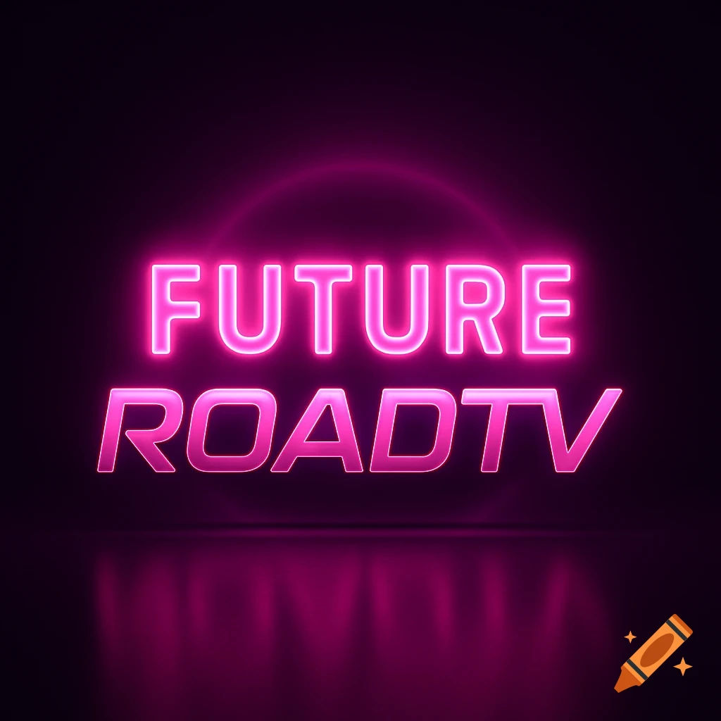 Pink neon sign with the word 'FUTURE' above 'ROADTV' glowing against a dark background with reflections.