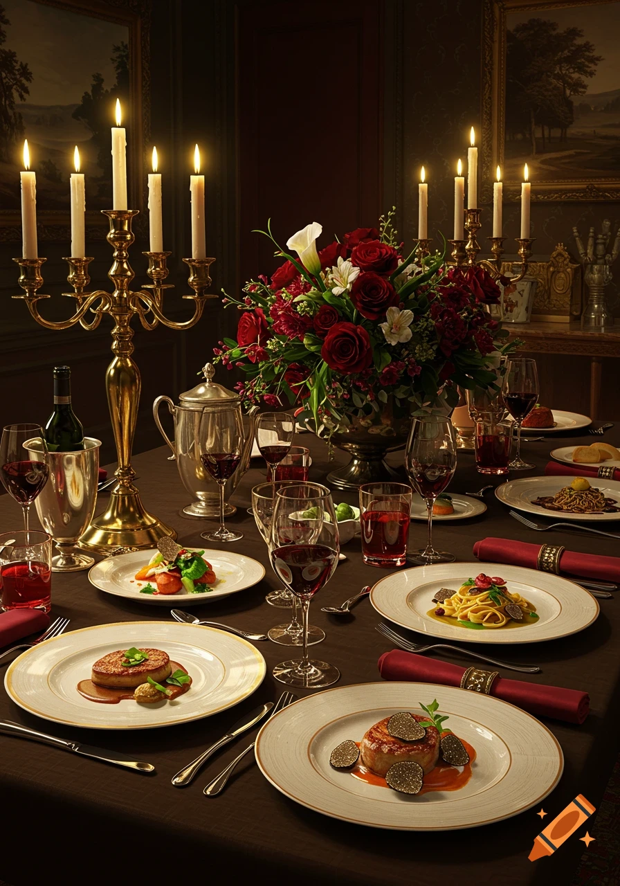 A luxurious dinner table set with candles, wine, and gourmet dishes in a grand, dimly lit room.