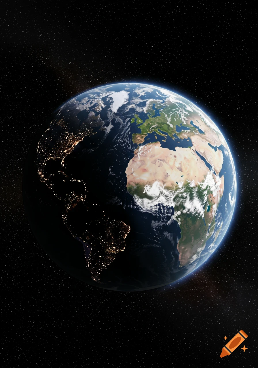 A detailed photorealistic view of Earth from space, showing continents, clouds, and city lights on the night side.