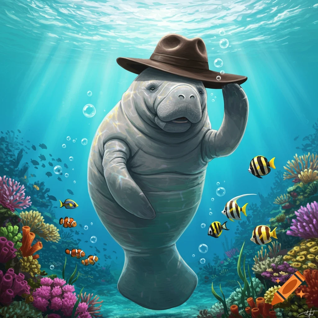 An illustration of a manatee wearing a brown fedora, tipping its hat in a vibrant underwater coral reef with colorful fish and sunlight.