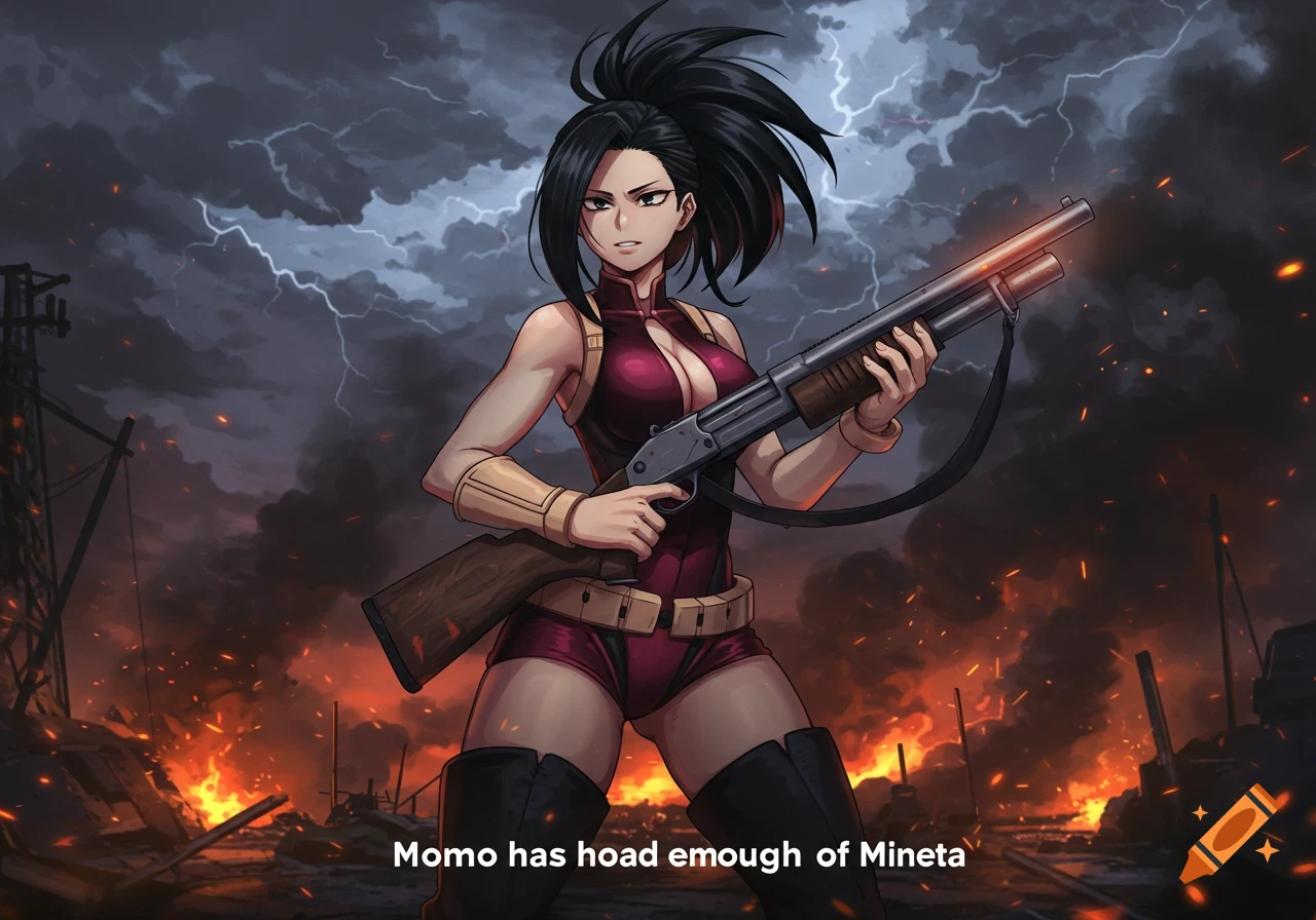 Momo Yaoyorozu with a shotgun in a fiery, lightning-filled post-apocalyptic setting, with the caption 'Momo has hoad enough of Mineta'.