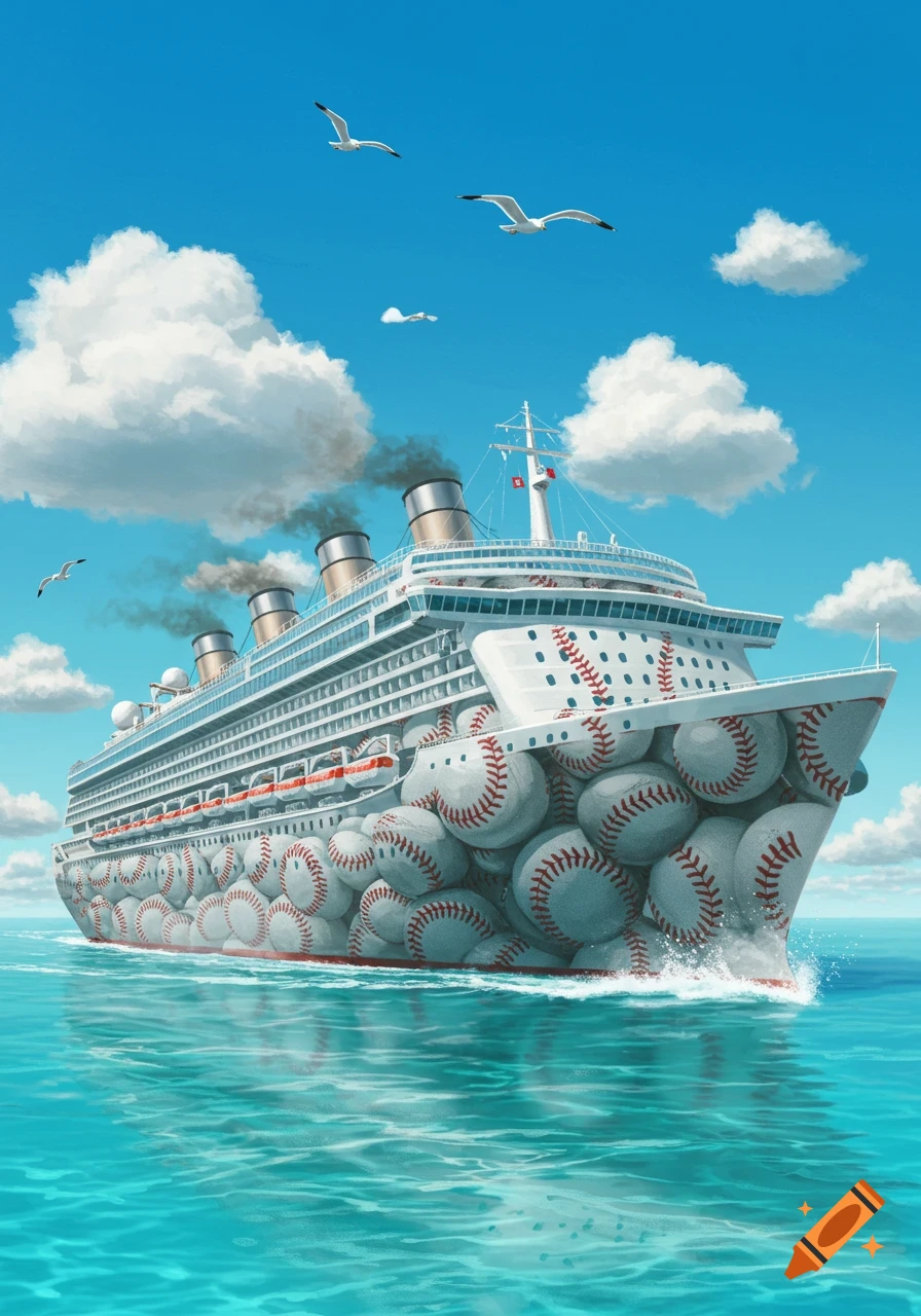 A whimsical illustration of a cruise ship with its hull entirely made of baseballs, sailing on blue waters under a clear sky with clouds and seagulls.