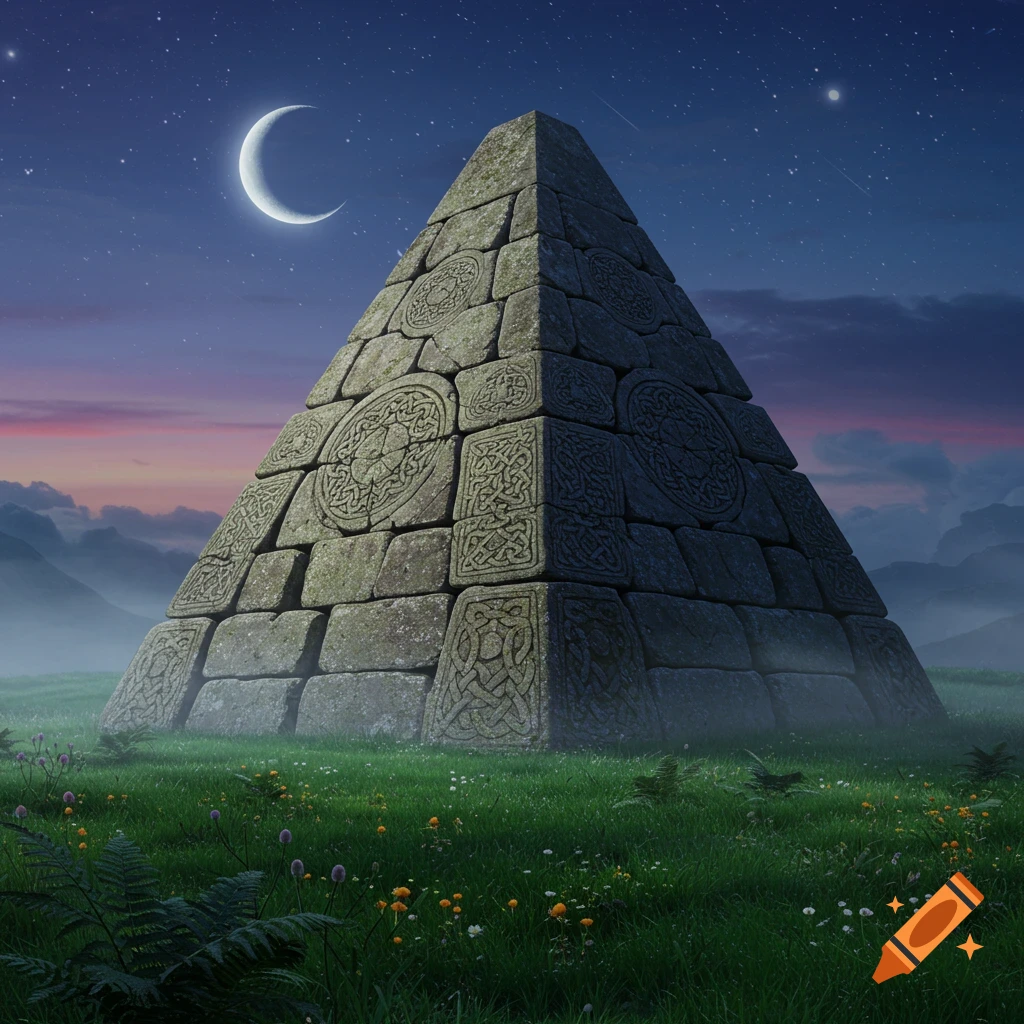 A large stone pyramid with intricate Celtic knotwork patterns stands in a misty green field under a night sky with a crescent moon and stars.