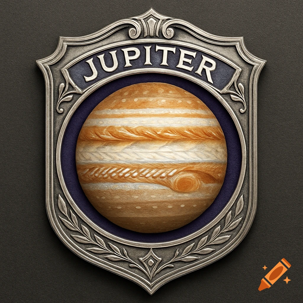 A silver school-style emblem featuring the planet Jupiter in the center and the word 'JUPITER' above it.