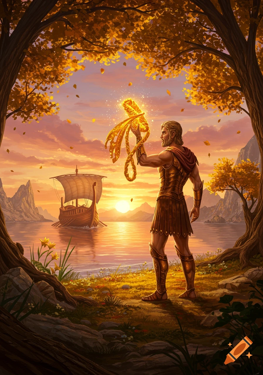 A man in ancient armor holds a glowing golden object by a lake with a ship at sunset, framed by autumn trees.