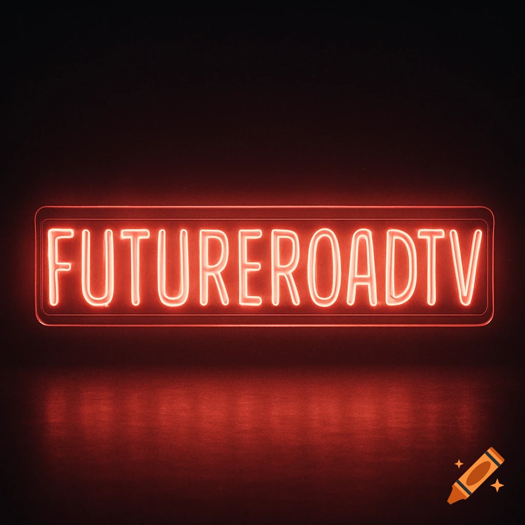 A red neon sign with the word "FUTUREROADTV" glows brightly in the dark, casting a reflection on a surface below.