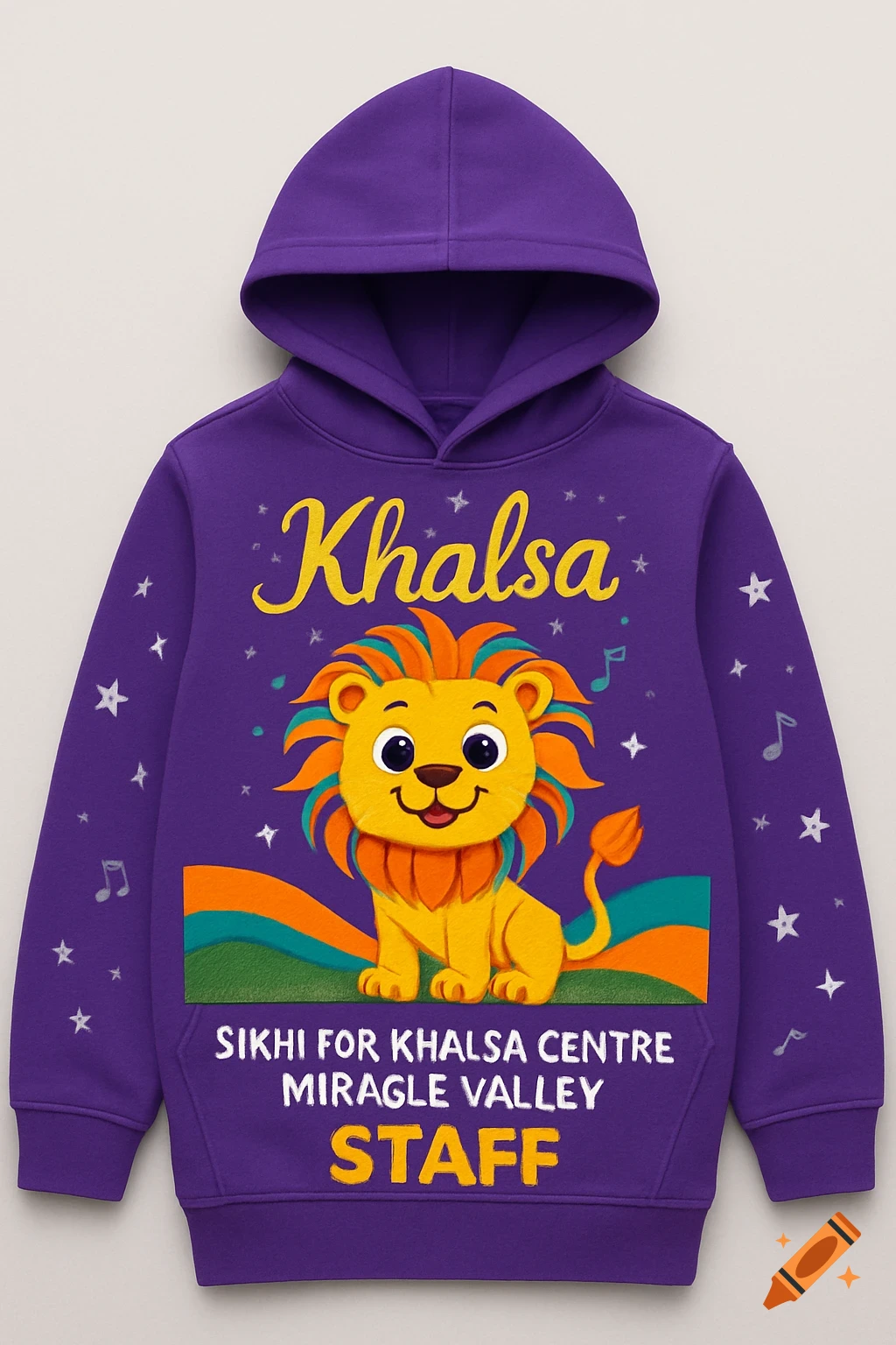 Purple hoodie with a cartoon lion and text 'Khalsa' and 'Sikhi for Khalsa Centre Miracle Valley Staff'.