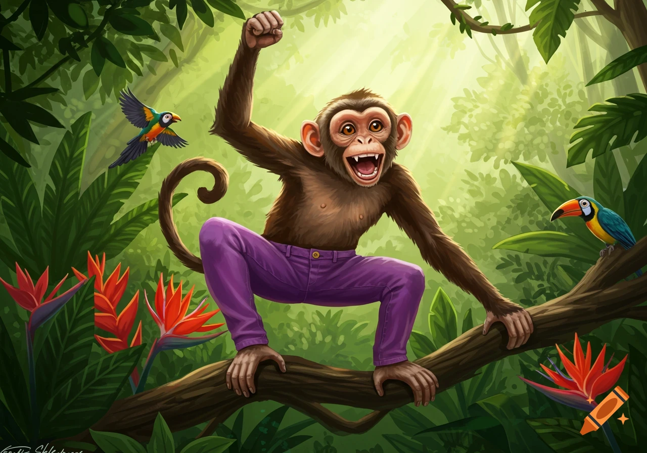 A cartoon monkey in purple jeans perched on a jungle branch, arm raised, with a parrot and toucan nearby under sun rays. Illustration.