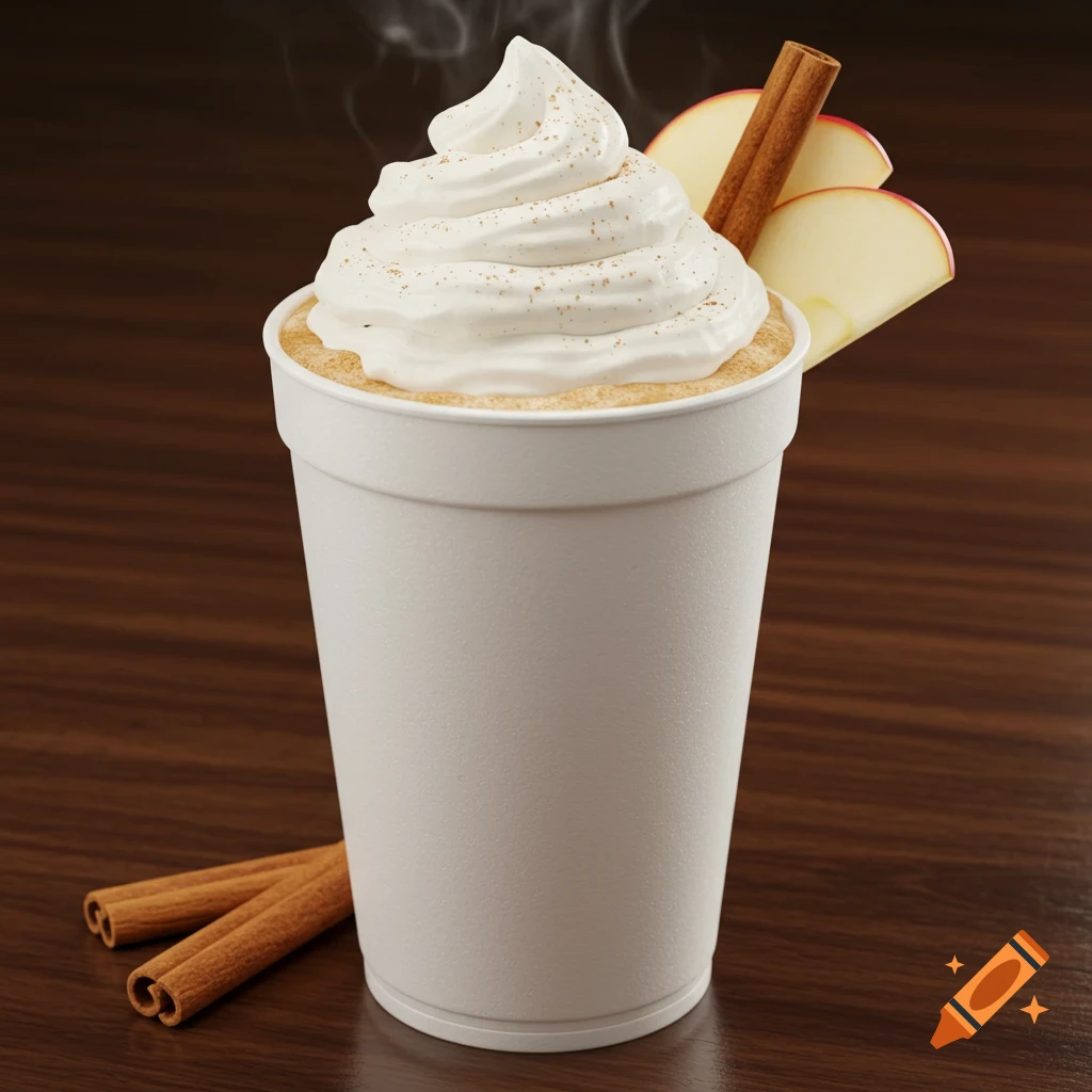 Photorealistic hot mulled apple cider in a white styrofoam cup with whipped cream, cinnamon sprinkles, apple slices, and a cinnamon stick on a dark wooden table.