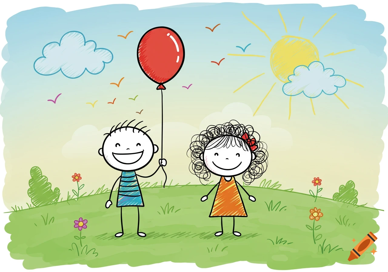 A colorful stick figure drawing of a smiling boy holding a red balloon next to a smiling girl with curly hair, in a sunny outdoor setting with grass, flowers, clouds, birds, and the sun.