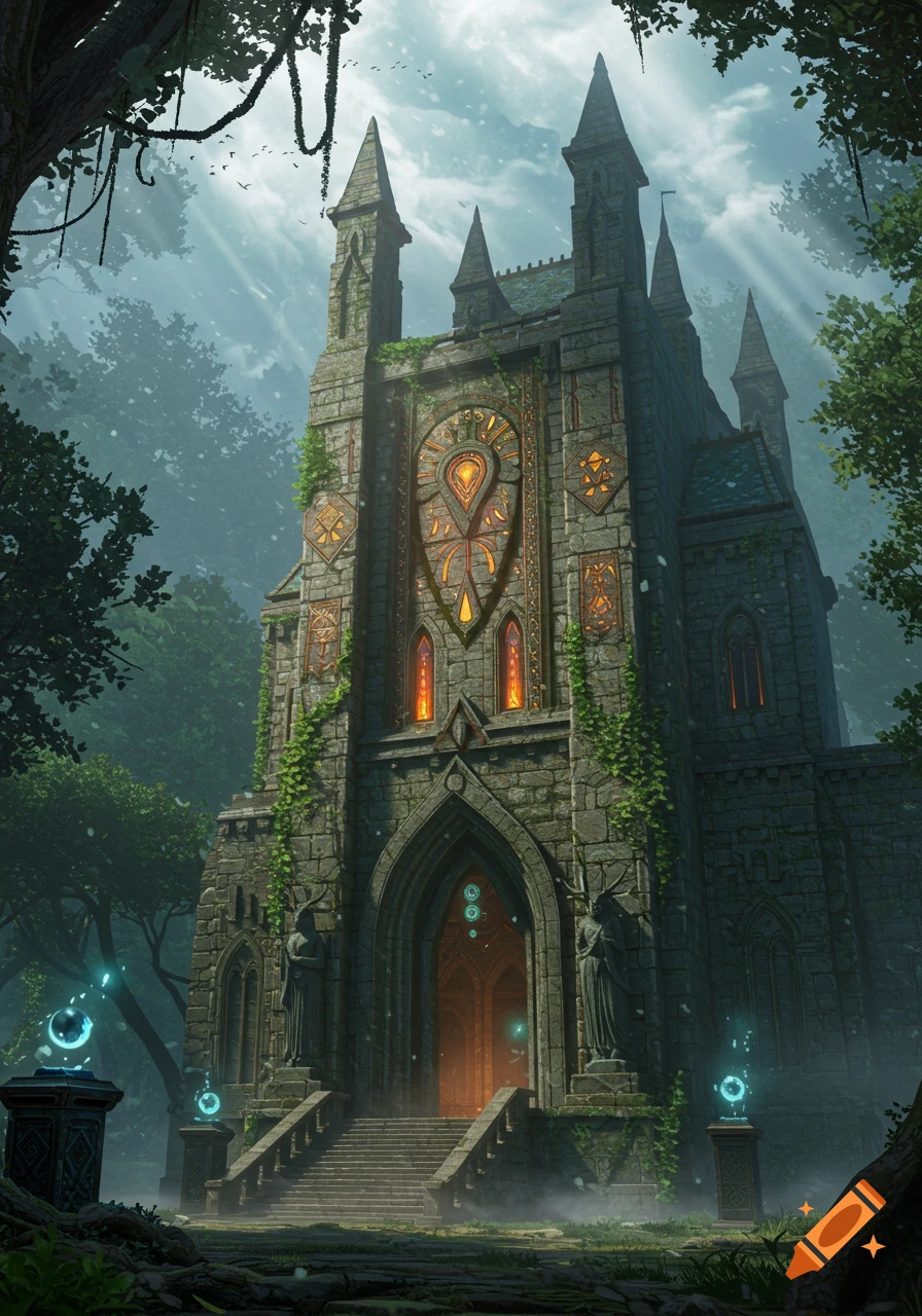 A grand, overgrown stone cathedral with glowing windows nestled deep within a misty, sun-dappled fantasy forest.