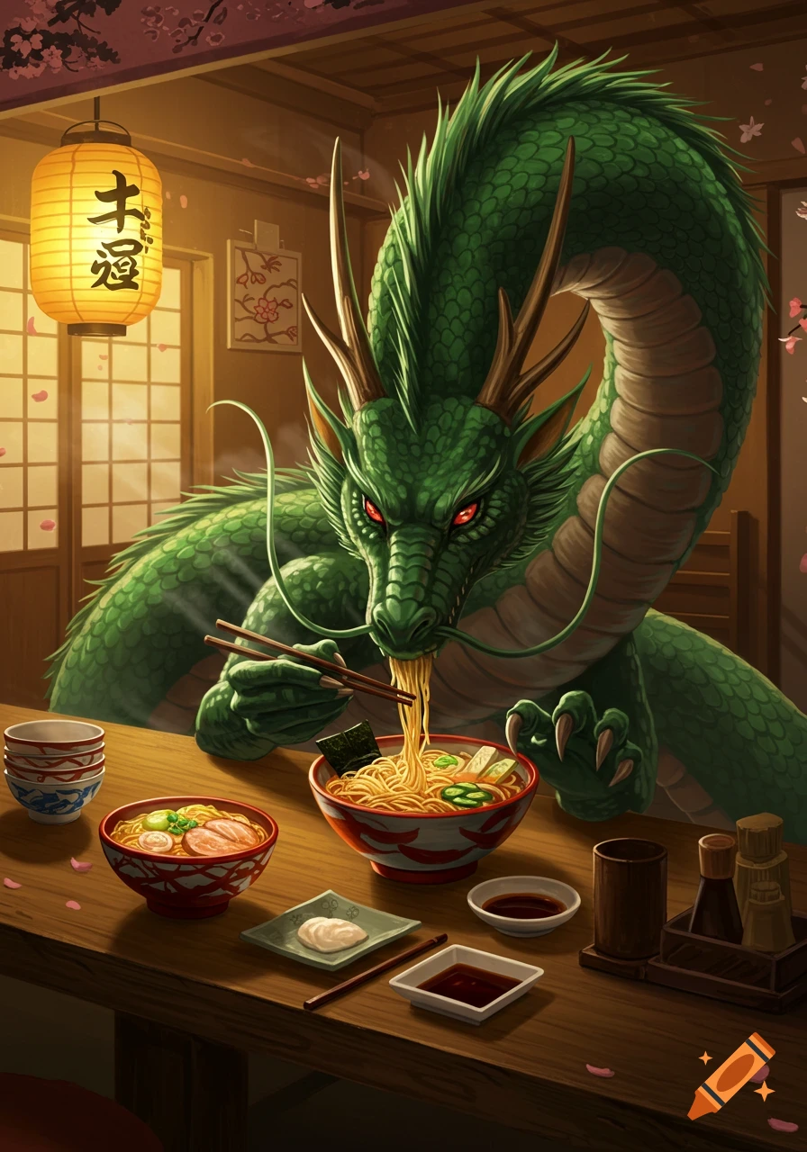 A large green dragon with red eyes sits at a wooden table in a Japanese restaurant, eating ramen with chopsticks. Cherry blossom petals are scattered on the table.