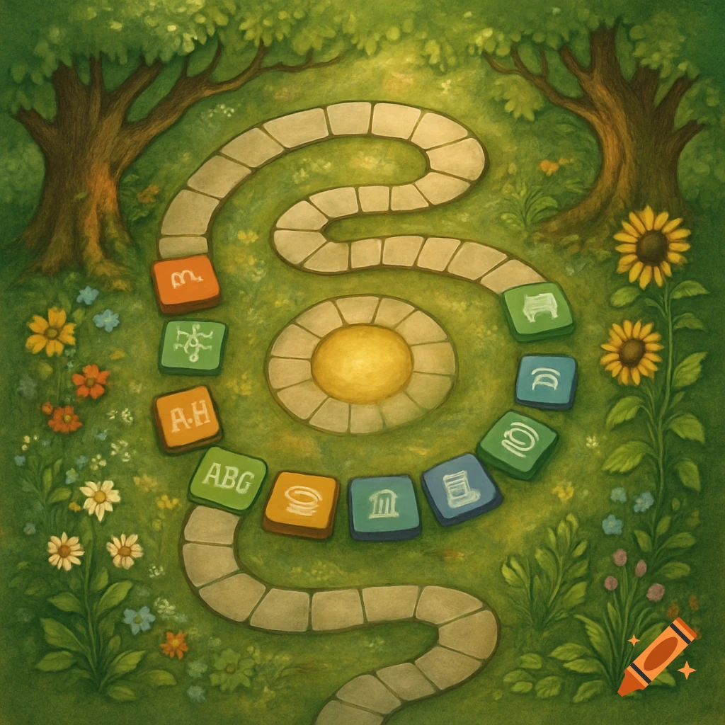 A birds-eye view of a winding game board path through an earthy, lush green garden with trees and flowers, featuring colorful squares with symbols and letters, leading to a central sunny circle.