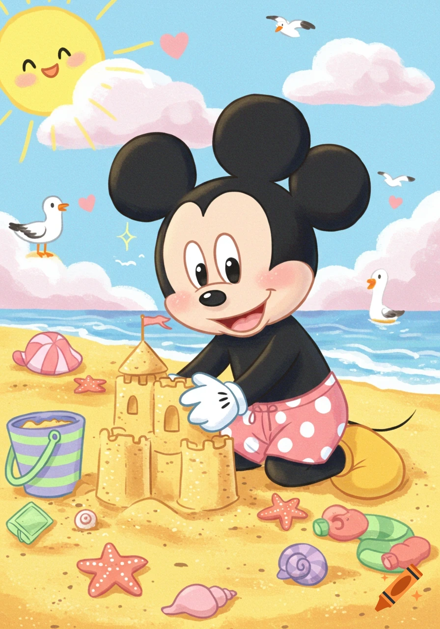 Mickey Mouse builds a sandcastle on a sunny beach, with a bucket and seashells, in a cute, colorful cartoon style.