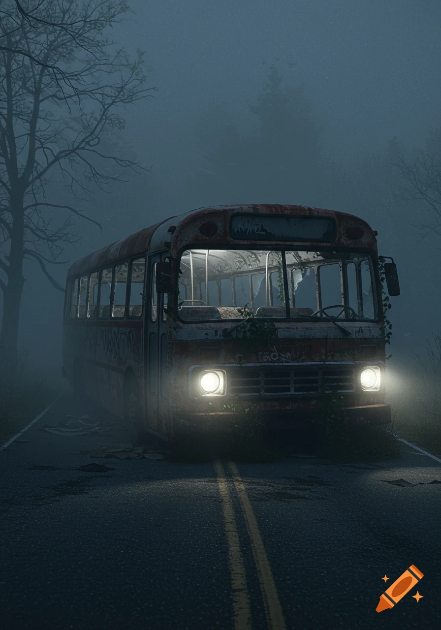 An old, rusty, abandoned bus sits on a foggy, dark road with its headlights on, surrounded by bare trees, creating an eerie atmosphere.