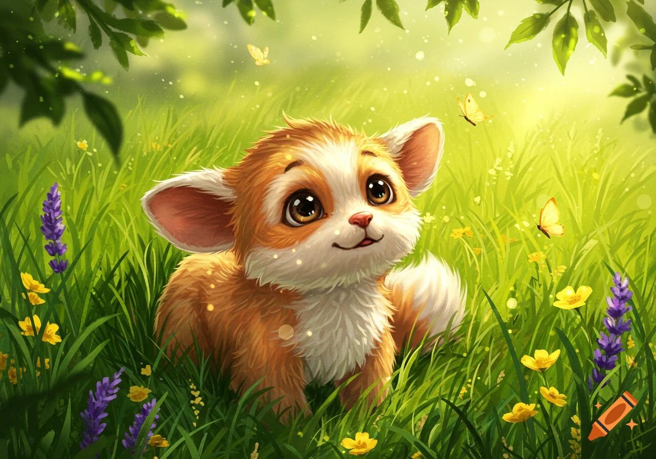 A cute, fluffy orange and white creature with big eyes sits in a lush green field with yellow and purple flowers, looking up. Illustrated style.