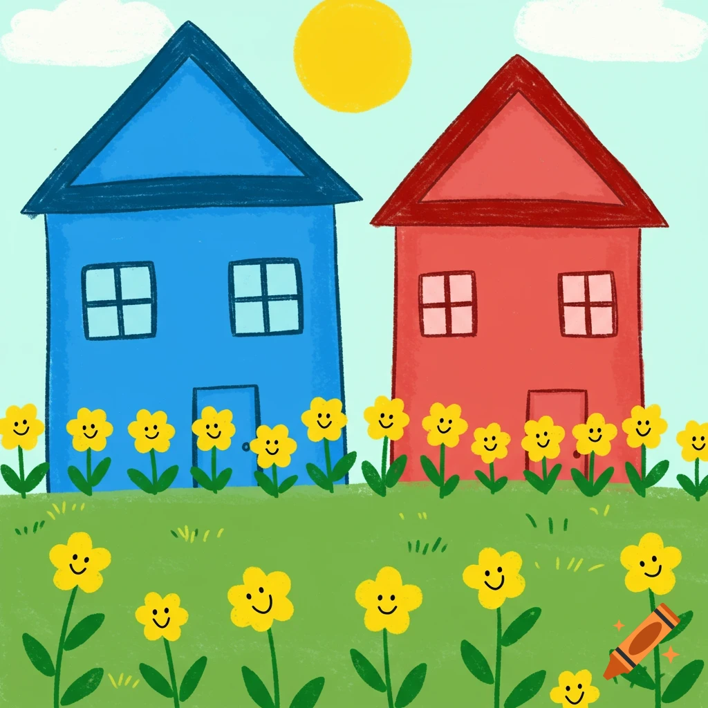 A colorful, child-friendly cartoon illustration features a blue house and a red house side by side, surrounded by a green field of smiling yellow flowers under a bright yellow sun and a white cloud.