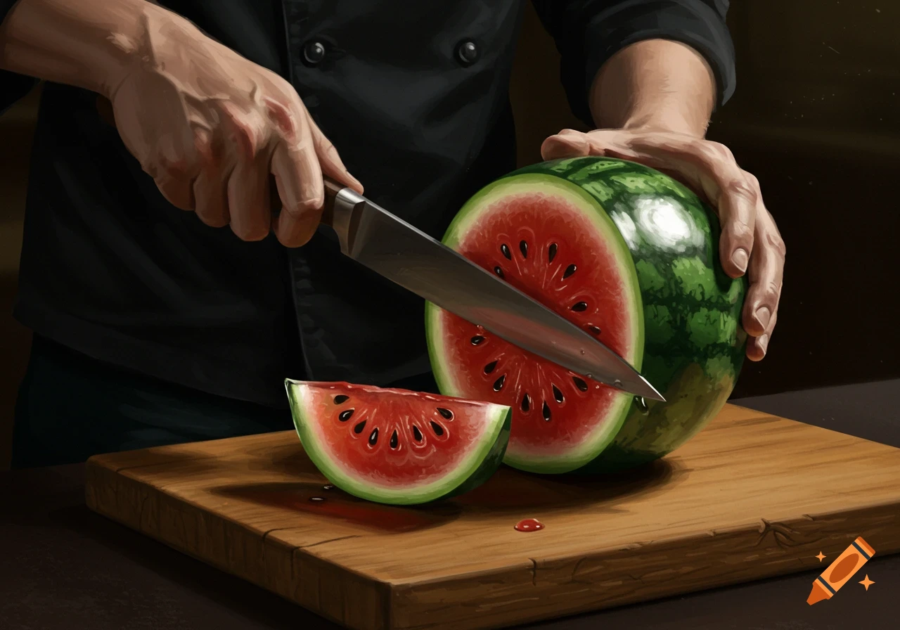 A close-up digital painting of a chef's hands cutting a ripe watermelon on a wooden cutting board with a large knife.