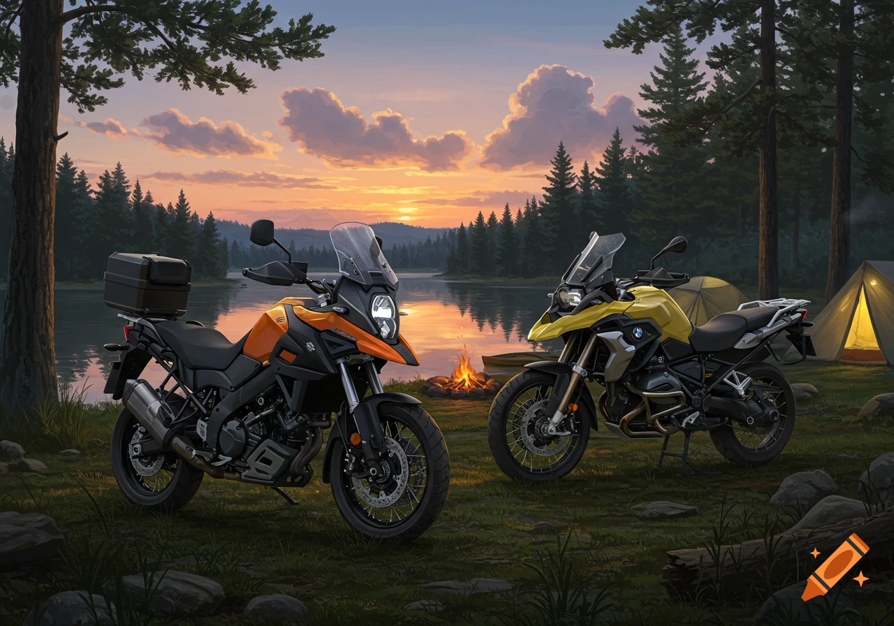 Two adventure motorcycles, an orange Suzuki V-Strom and a yellow BMW GS1200, parked by a lake with a campfire and tent at sunset.