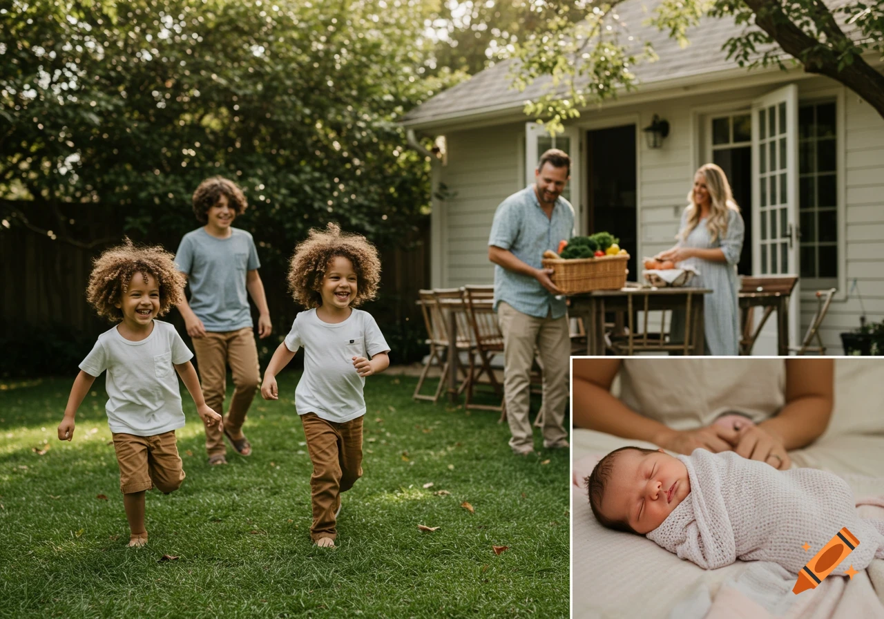 A family enjoying time outdoors, with two young boys running in a sunny backyard, parents in the background, and a sleeping newborn baby in a swaddle shown in a foreground inset.