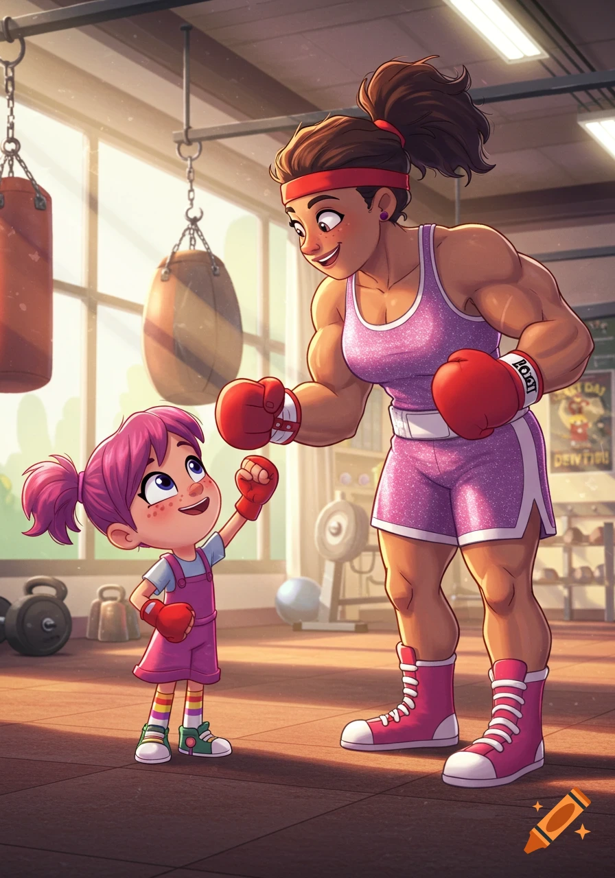 A strong female boxer in a pink uniform and red gloves teaches a small child with pink hair wearing small red boxing gloves in a sunny gym.