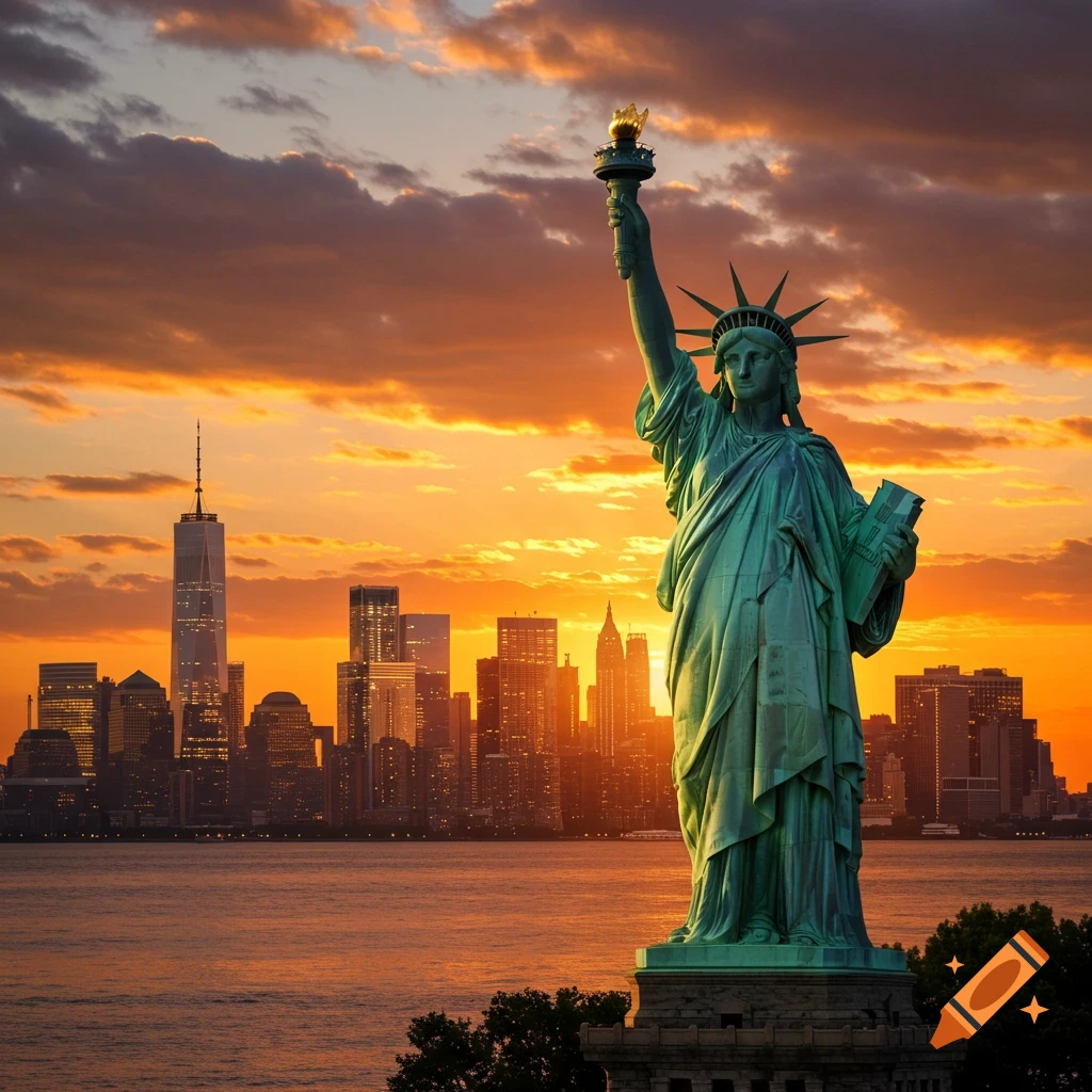 Photorealistic image of the Statue of Liberty against a vibrant sunset sky with the New York City skyline in the background.