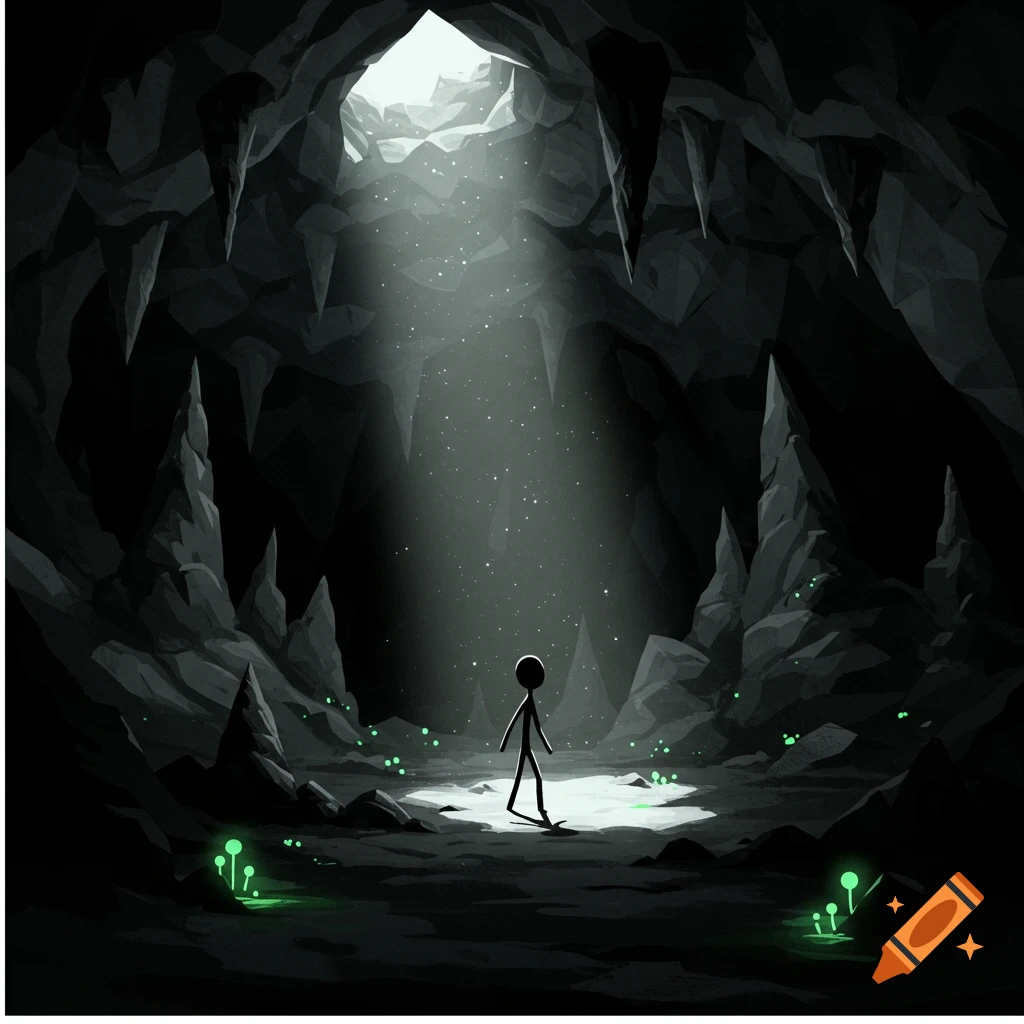 A stick figure stands in a dark cave, illuminated by a beam of light from a ceiling opening and surrounded by glowing green plants.