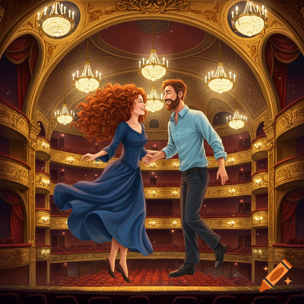 An illustrated man and woman, both smiling, float hand-in-hand in a grand, ornate red and gold theater with many chandeliers.