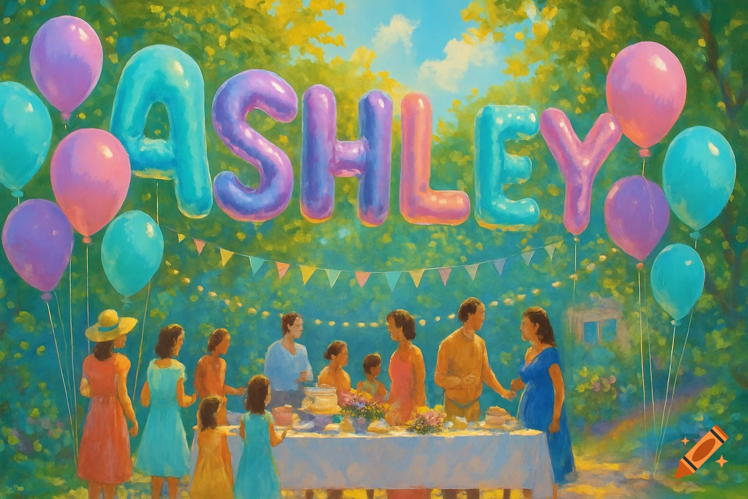 A vibrant, painterly scene of an outdoor birthday party with large colorful balloons spelling 'ASHLEY' floating above people gathered around a table.