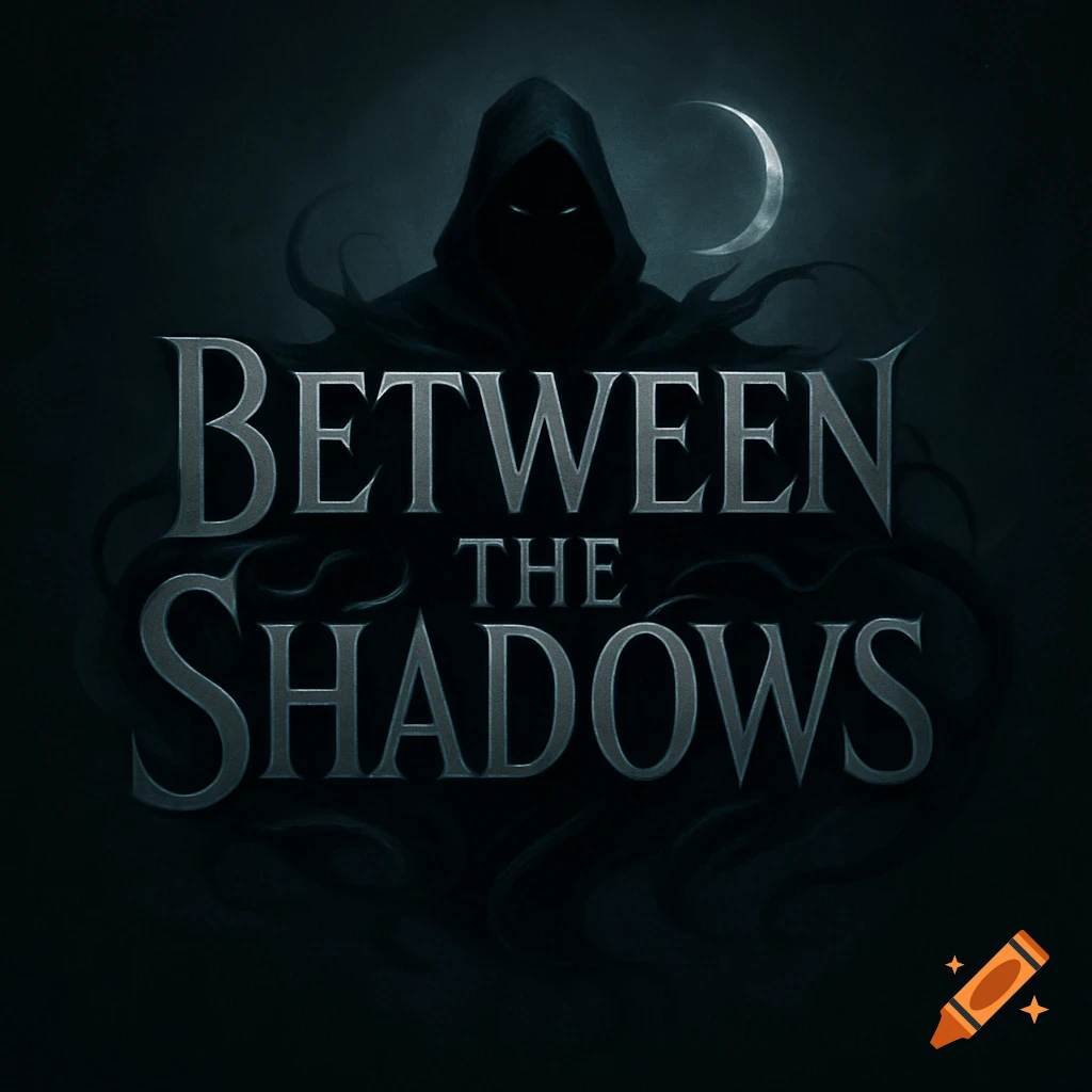 Dark fantasy logo for 'Between the Shadows' with a hooded figure and a crescent moon.