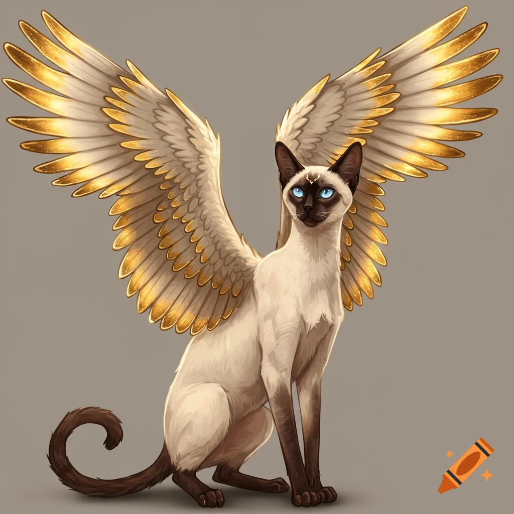 A majestic Siamese cat with blue eyes and large golden bird wings sits, illustrated against a gray background.