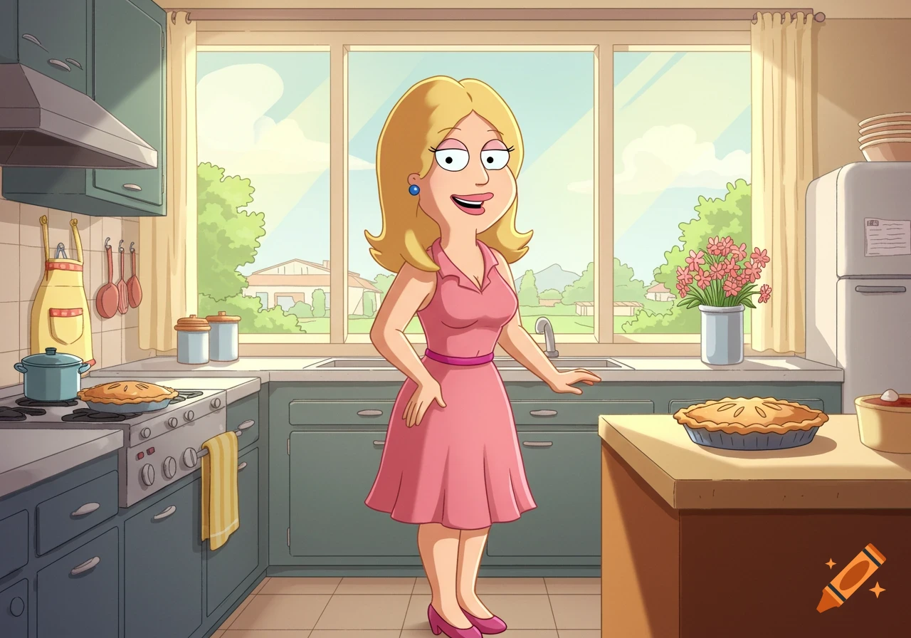 A cartoon woman with blonde hair, dressed in a pink dress, stands smiling in a kitchen with pies on the counter.