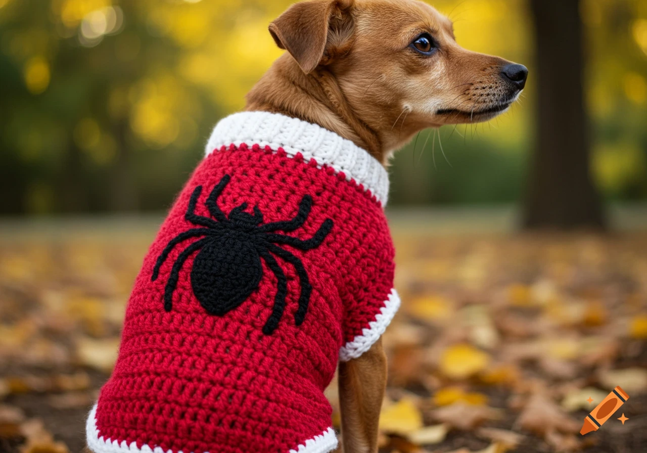 A brown dog wearing a red crochet sweater with a black spider design on its back, standing outdoors with autumn leaves on the ground.