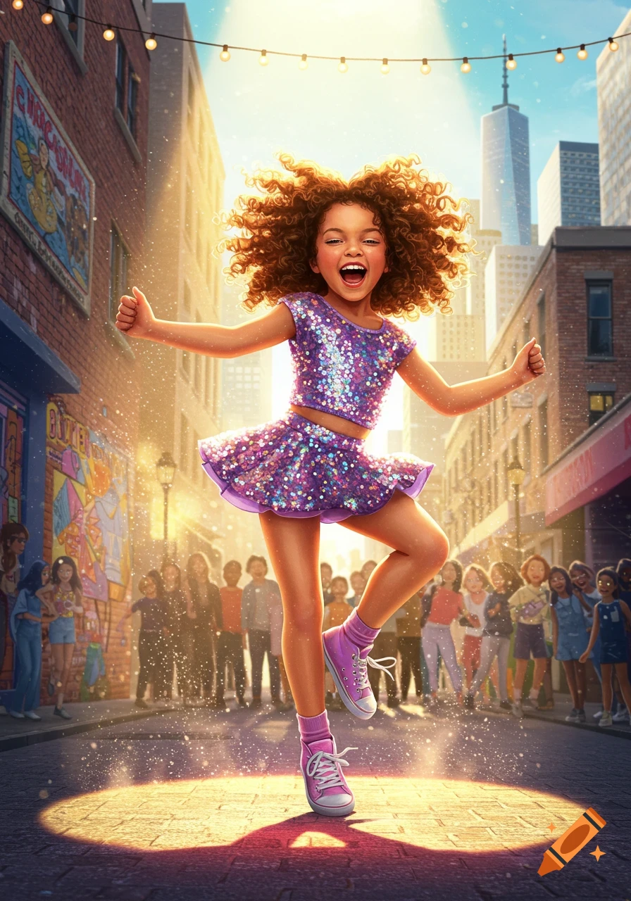 A joyful young girl with curly hair dances in a city street, wearing a sparkly purple outfit and pink sneakers, surrounded by light.