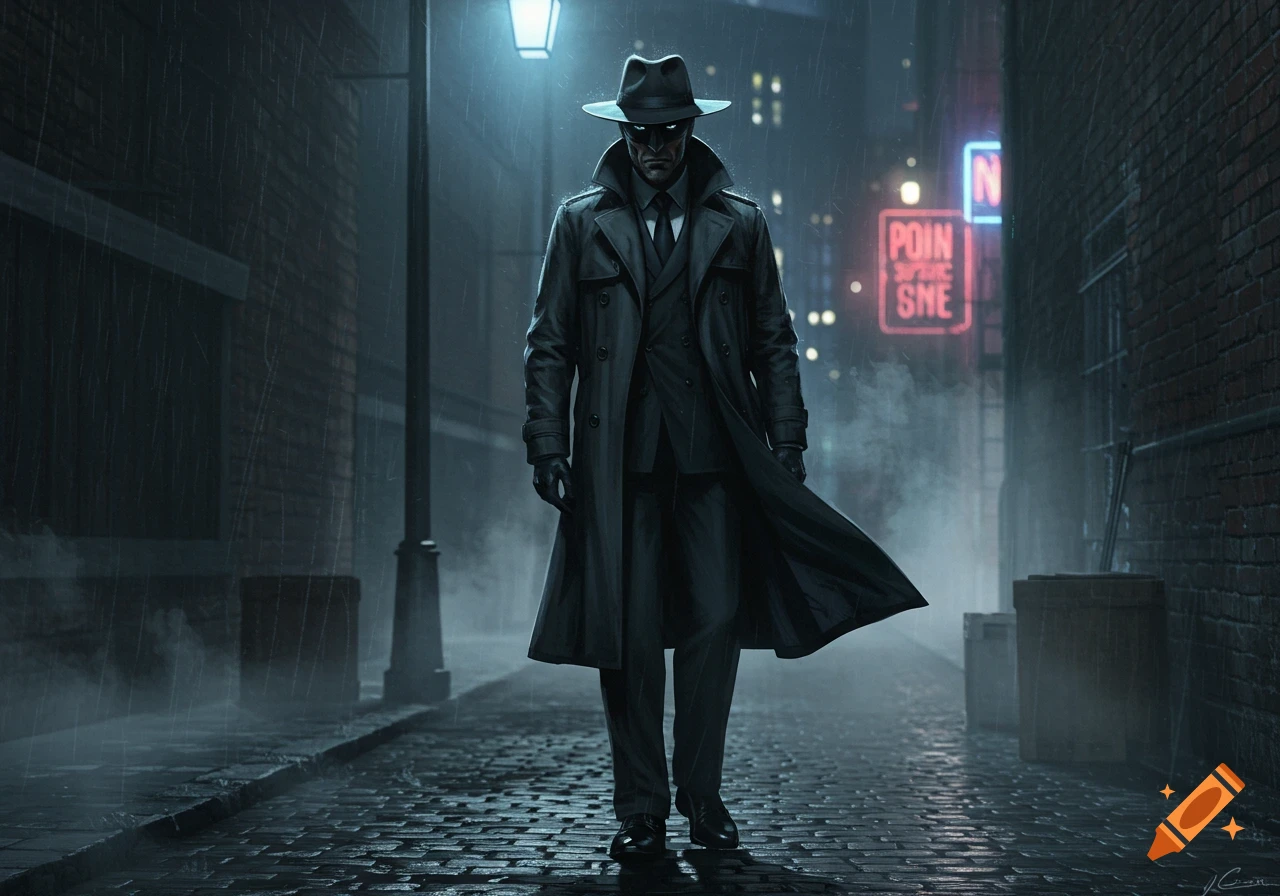 A mysterious man in a trench coat and fedora stands in a dark, rainy alleyway lit by a streetlamp and neon signs.