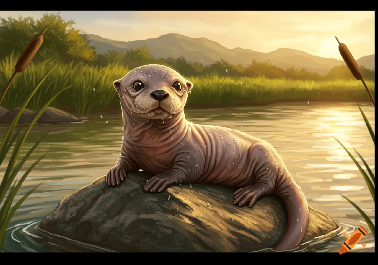 A hairless otter sits on a rock in a river with water droplets on its body, at sunset.