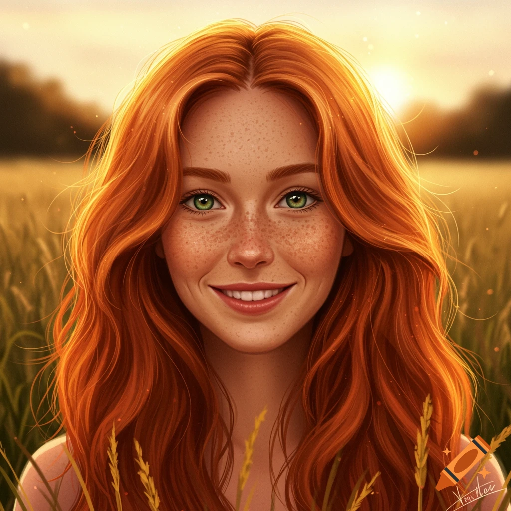 A smiling young woman with long red hair and freckles stands in a sunlit field of wheat.