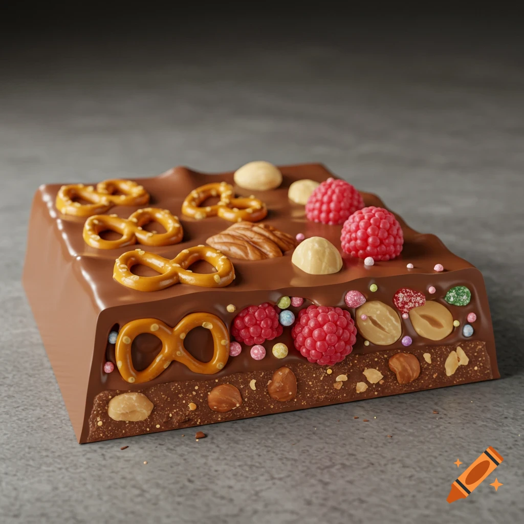 A photorealistic milk chocolate block cut in half, revealing layers of pretzels, raspberries, nuts, and colorful candies.