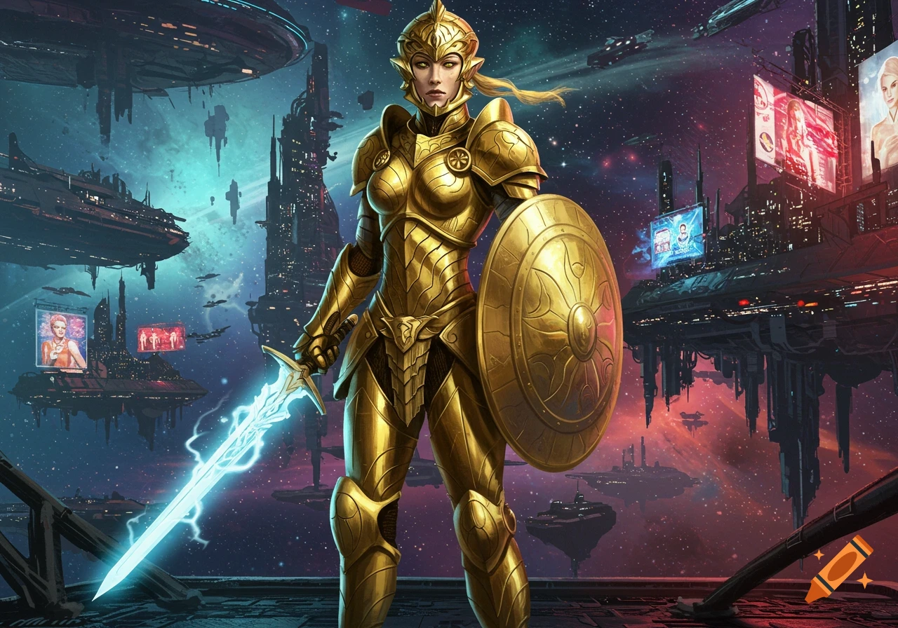 A sci-fi heroine in golden armor with a glowing sword and shield stands on a platform in front of a futuristic space city.