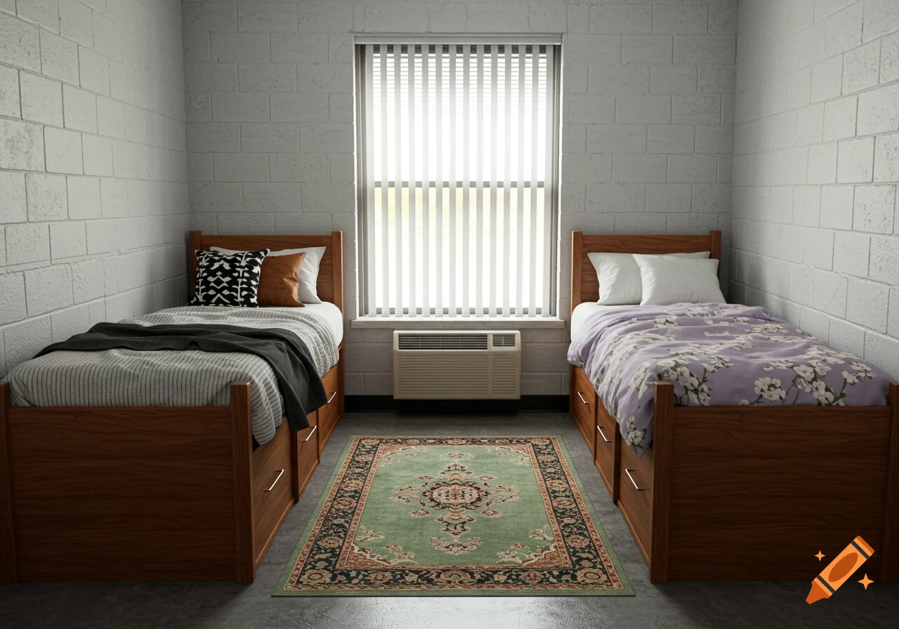 A college dorm room with two walnut-colored beds, one with grey and white striped sheets, the other with a purple floral comforter, a sage green rug between them, and a window with vertical blinds.