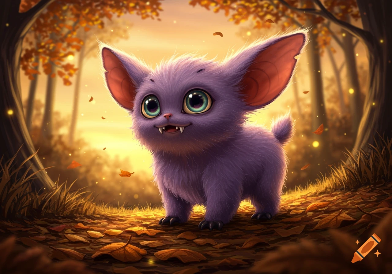 A fluffy purple fantasy creature with large ears and big green eyes stands in an autumn forest with falling leaves and warm light.