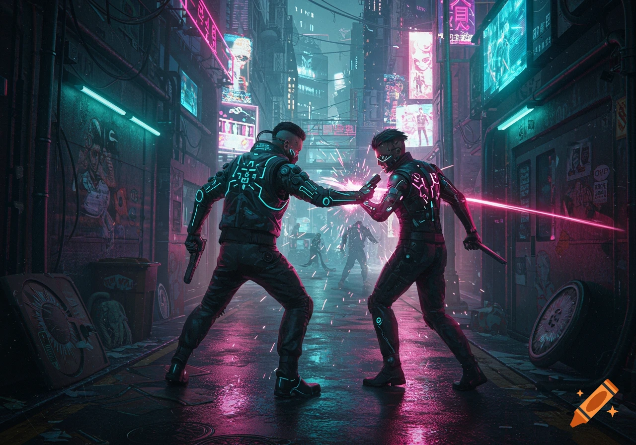 Two futuristic characters in glowing suits fight with energy blasts in a neon-lit cyberpunk city street at night, with reflections on wet ground.