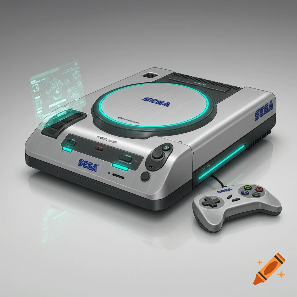 A sleek, silver, futuristic SEGA video game console with blue glowing accents and a holographic display, beside a matching controller.