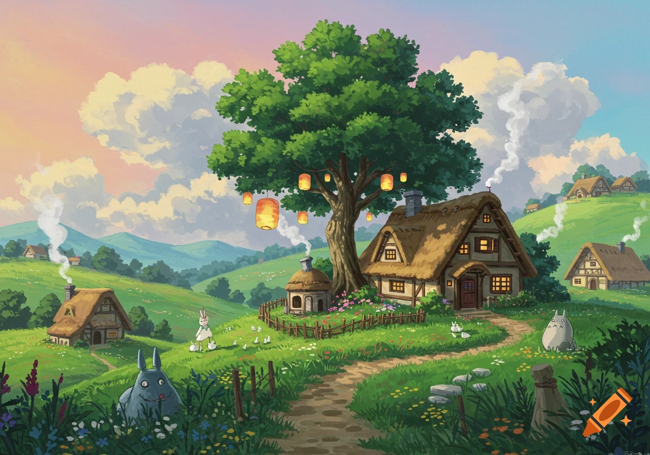 Studio Ghibli style painting of a whimsical pastoral landscape with cottages, a large lantern-adorned tree, and cute creature characters.