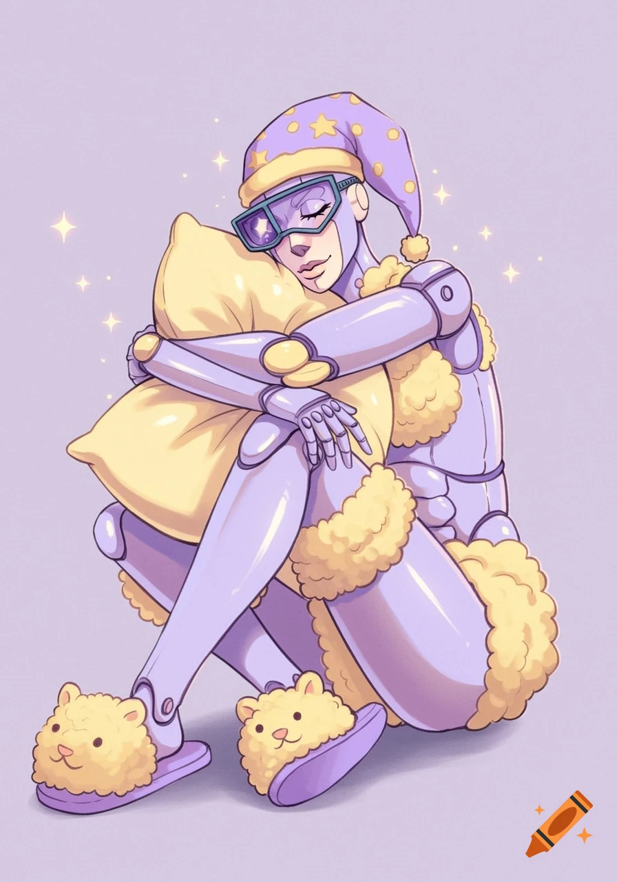 An anime-style robot in purple pajamas and a nightcap, wearing goggles, sits while hugging a yellow pillow. It has yellow fluffy slippers and fur trim.