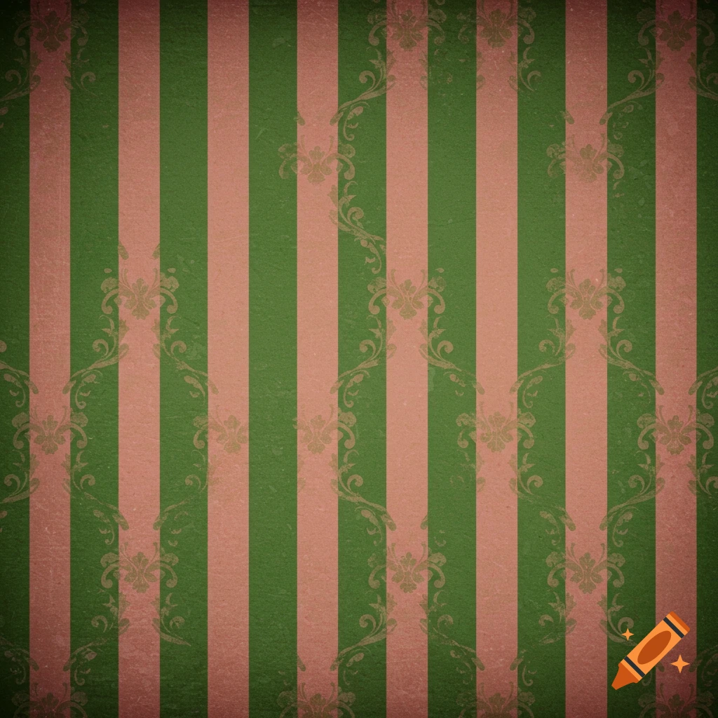 Vintage Victorian wallpaper with alternating green and reddish-pink stripes overlaid with ornate scrollwork.