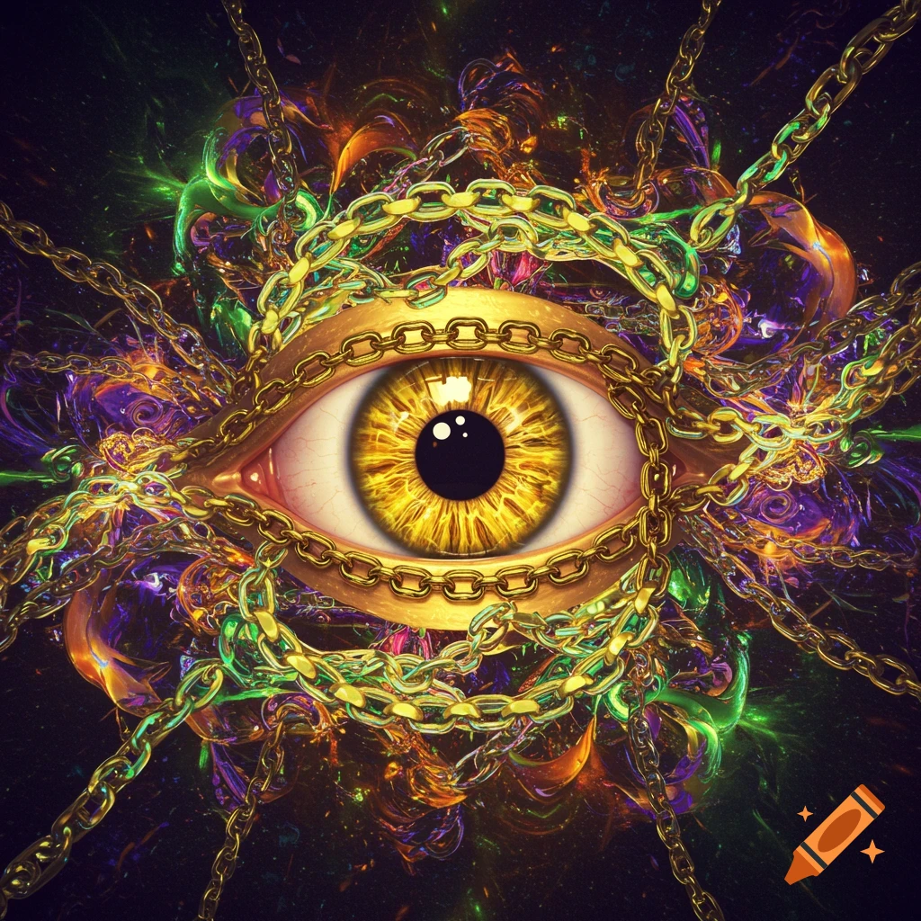 A golden eye surrounded by intertwining golden chains against a vibrant, swirling psychedelic background.
